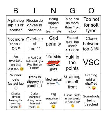 F1 AUSTRALIA 2023 Bingo Card