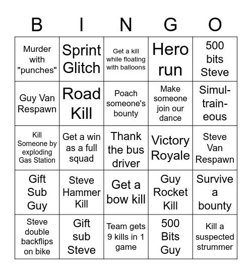 Fornite with Steve and Guy Bingo Card