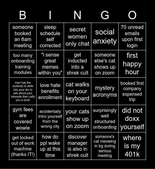first week at work!!!!! (char edition) Bingo Card