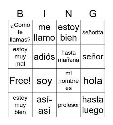 Spanish Greetings Bingo Card