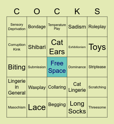 Finn's Kink Bingo Card