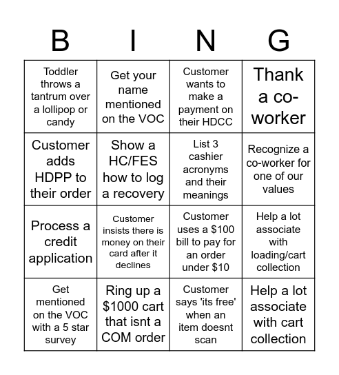 Cashier Bingo! Bingo Card