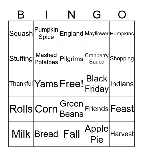 Turkey Day Bingo Card