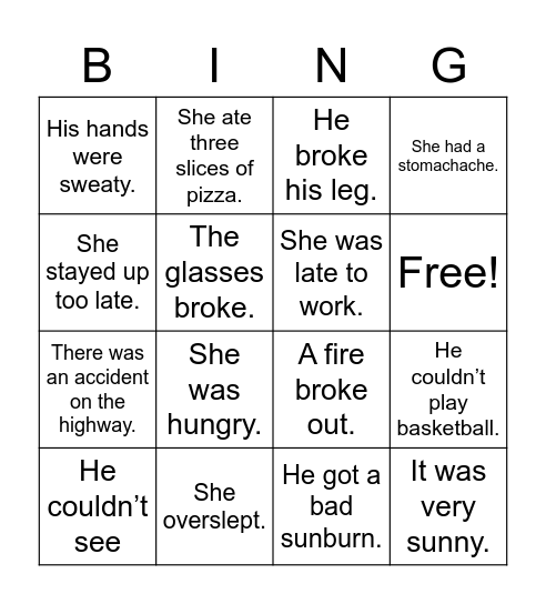 Cause and Effect Bingo Card