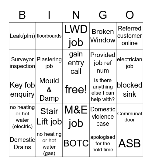 Housing  Bingo Card