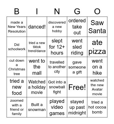 Winter Break Activities Bingo Card