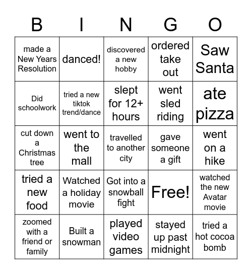 Winter Break Activities Bingo Card