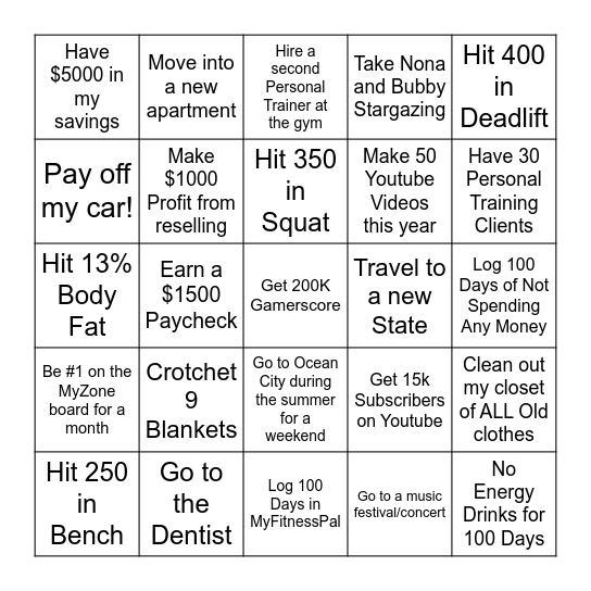 New Year's Resolutions BINGO Card