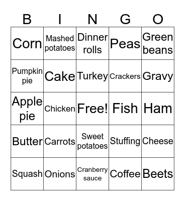 Thanksgiving Dinner Bingo Card
