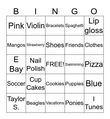 Susan's Favorite Things Bingo Card