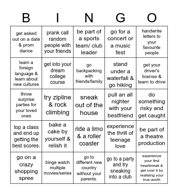 Goodbye Teenage Years :) Bingo Card