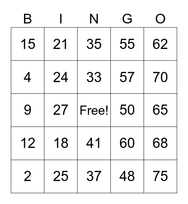 Bingo de maths Bingo Card