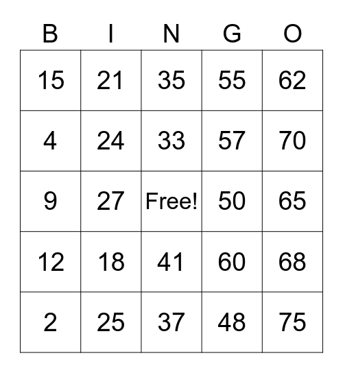 Bingo de maths Bingo Card