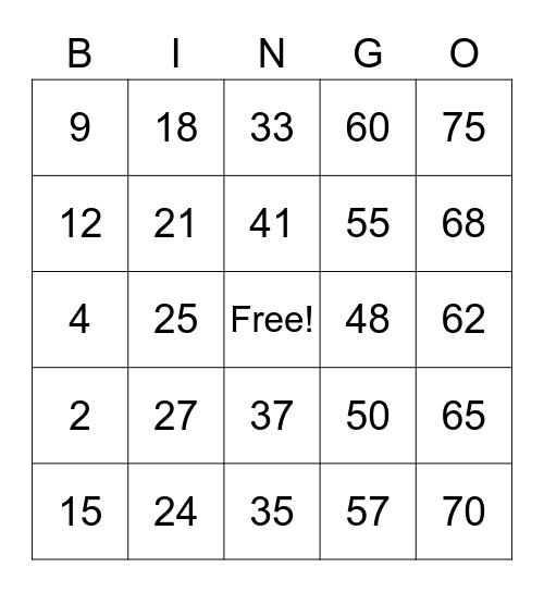 Bingo de maths Bingo Card