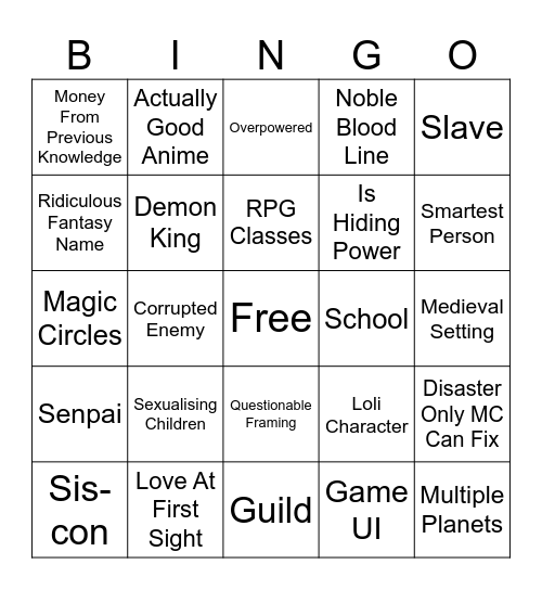 Shitty Isekai Bingo Card