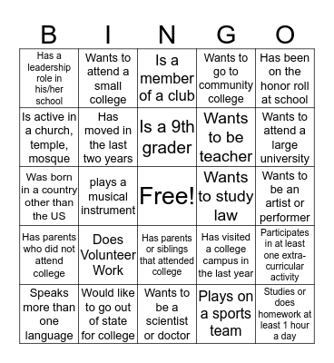 College Prep Ice Breaker Bingo Card