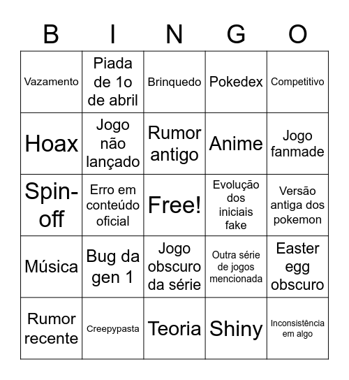 Bingo iceberg pokemon Bingo Card