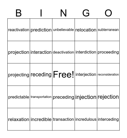 Morpheme Bingo Card