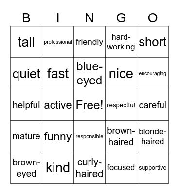 Adjectives to Describe People Bingo Card