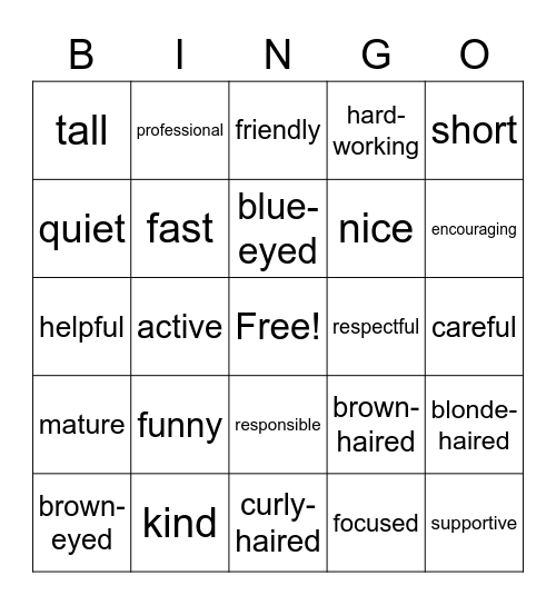 Adjectives to Describe People Bingo Card