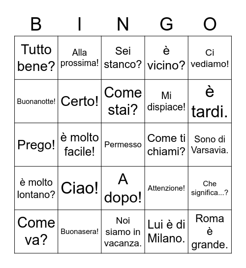 Bingo - prima lezione Bingo Card