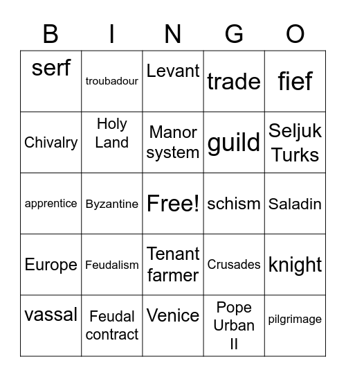 Crusades Bingo Card