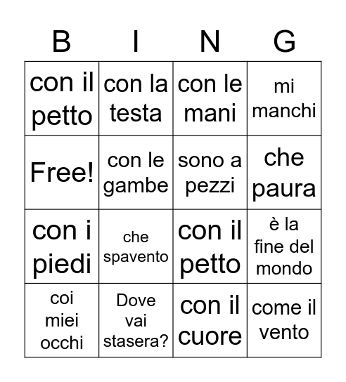 canzone Ciao ciao Bingo Card