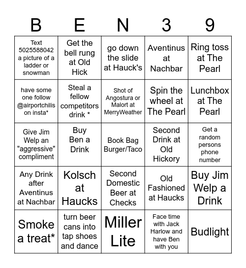 Ben's Bingo Birthday Bar Crawl Bingo Card