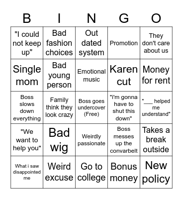 Undercover Boss Bingo Card