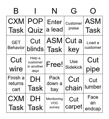 Home Depot Bingo Card