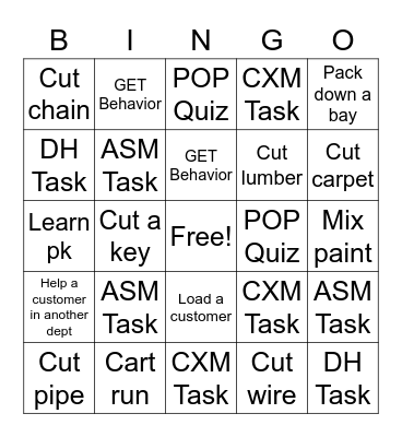 Home Depot Bingo Card