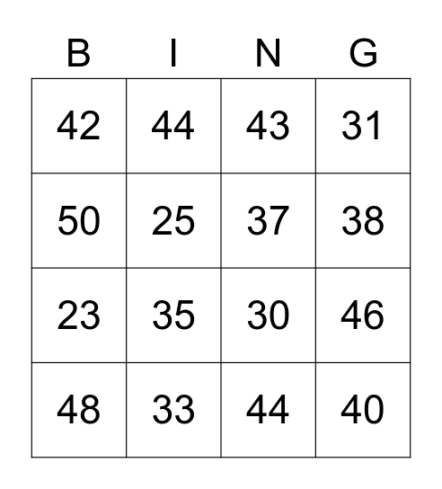 Numbers 20-50 Bingo Card