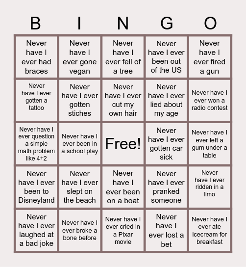 Never Have I Ever Bingo Card