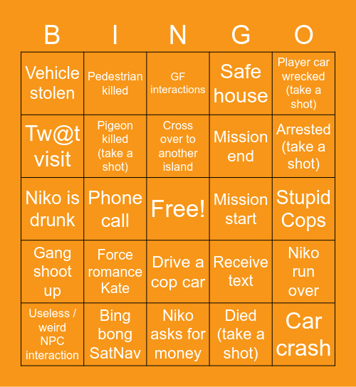 GTA IV Bingo Card