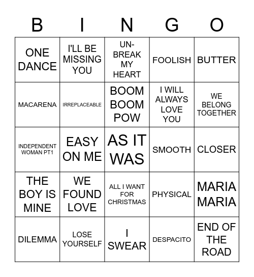 AT LEAST 10 WEEKS AT #1 Bingo Card