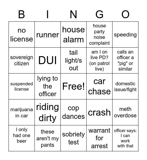 On Patrol: Live Bingo Card