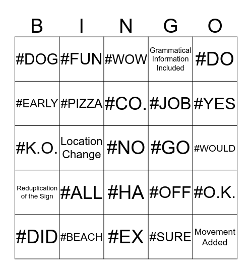 Lexicalized Fingerspelling Bingo Card