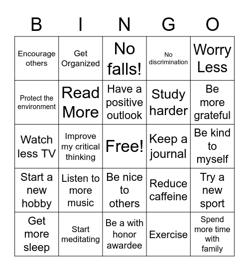 New Year's Resolution BINGO Card