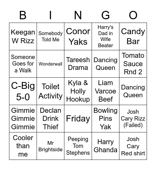 Harry's 18th Bingo Card