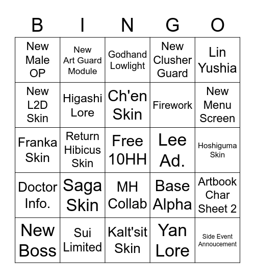 Arknights New Year 2023 Livesteam Bingo Card