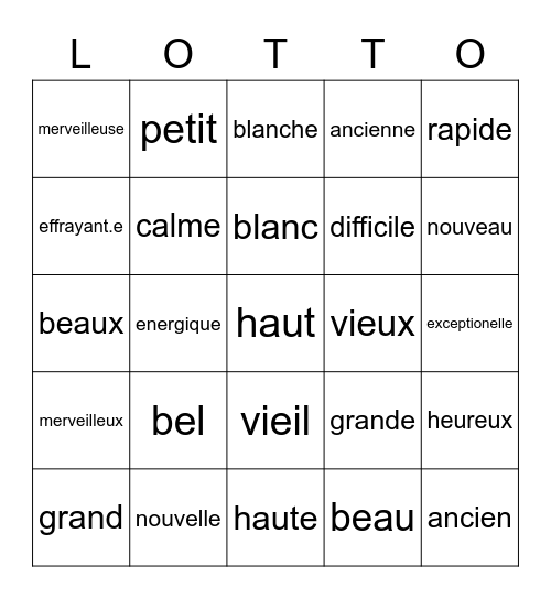Des adjectifs Bingo Card