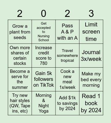 Mariah's 2023 Resolutions Bingo Card