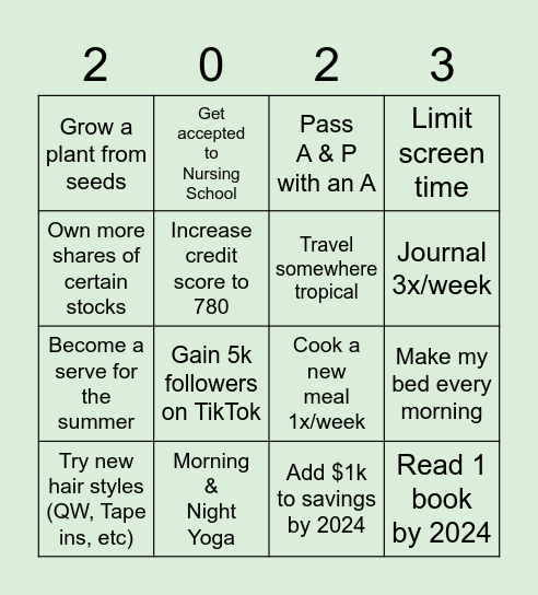 Mariah's 2023 Resolutions Bingo Card