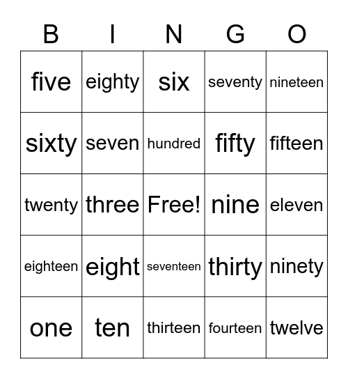 Number Words Bingo Card