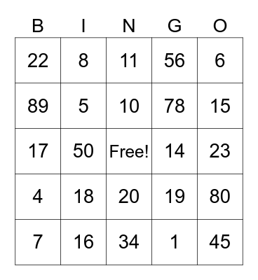Number DIgits Bingo Card
