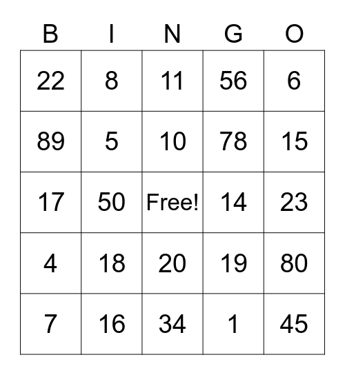 Number DIgits Bingo Card