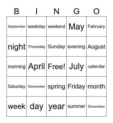 Days and Months Bingo Card
