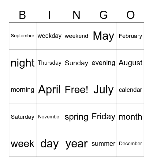 Days and Months Bingo Card