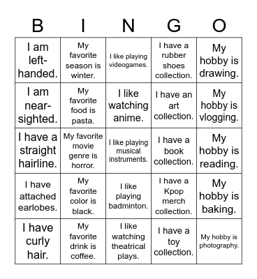 V Bingo Card