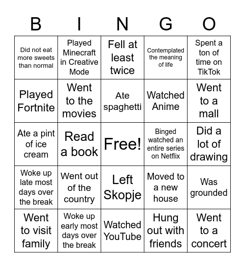 Back From Fall Break! Bingo Card